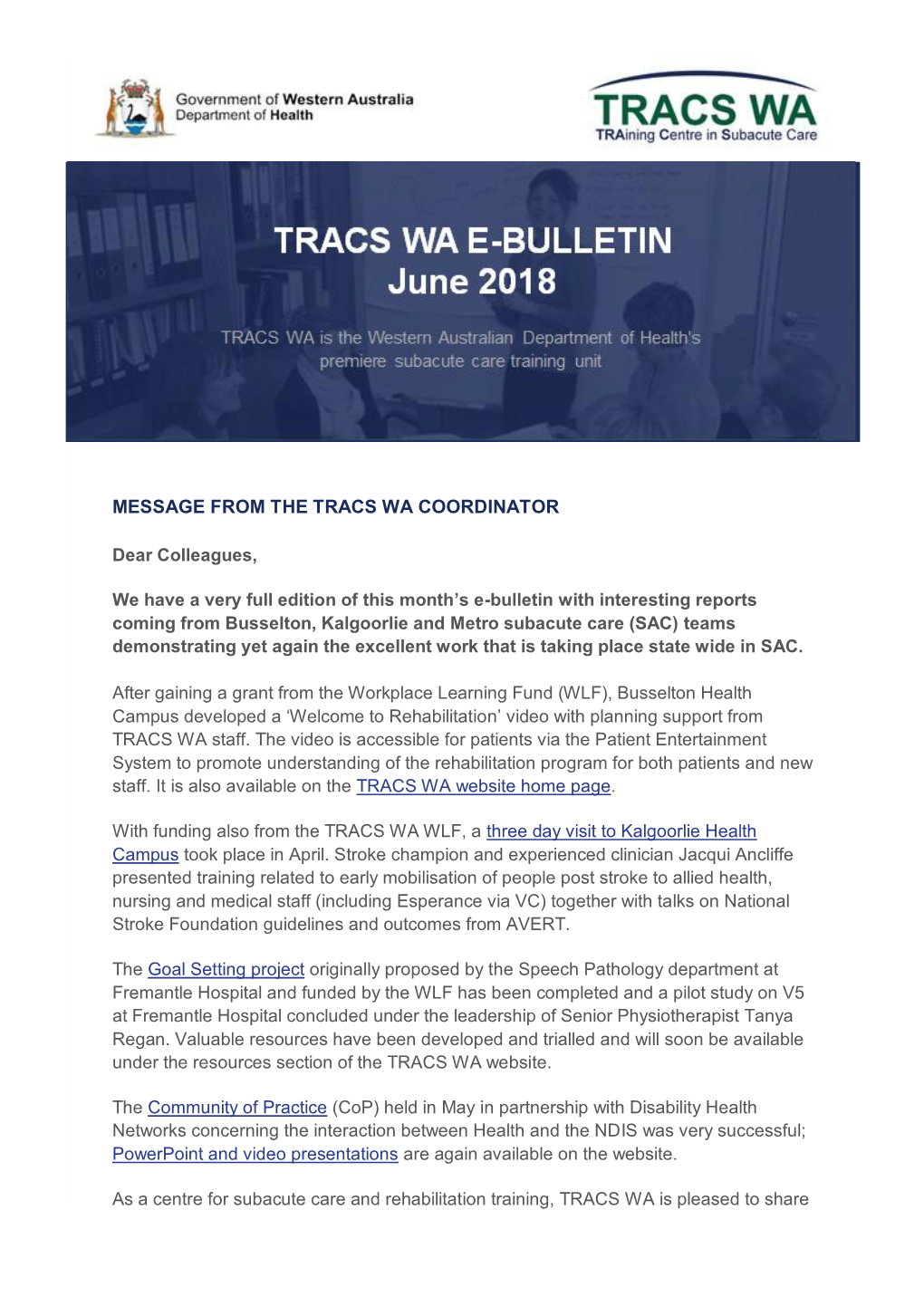 Message from the Tracs Wa Coordinator