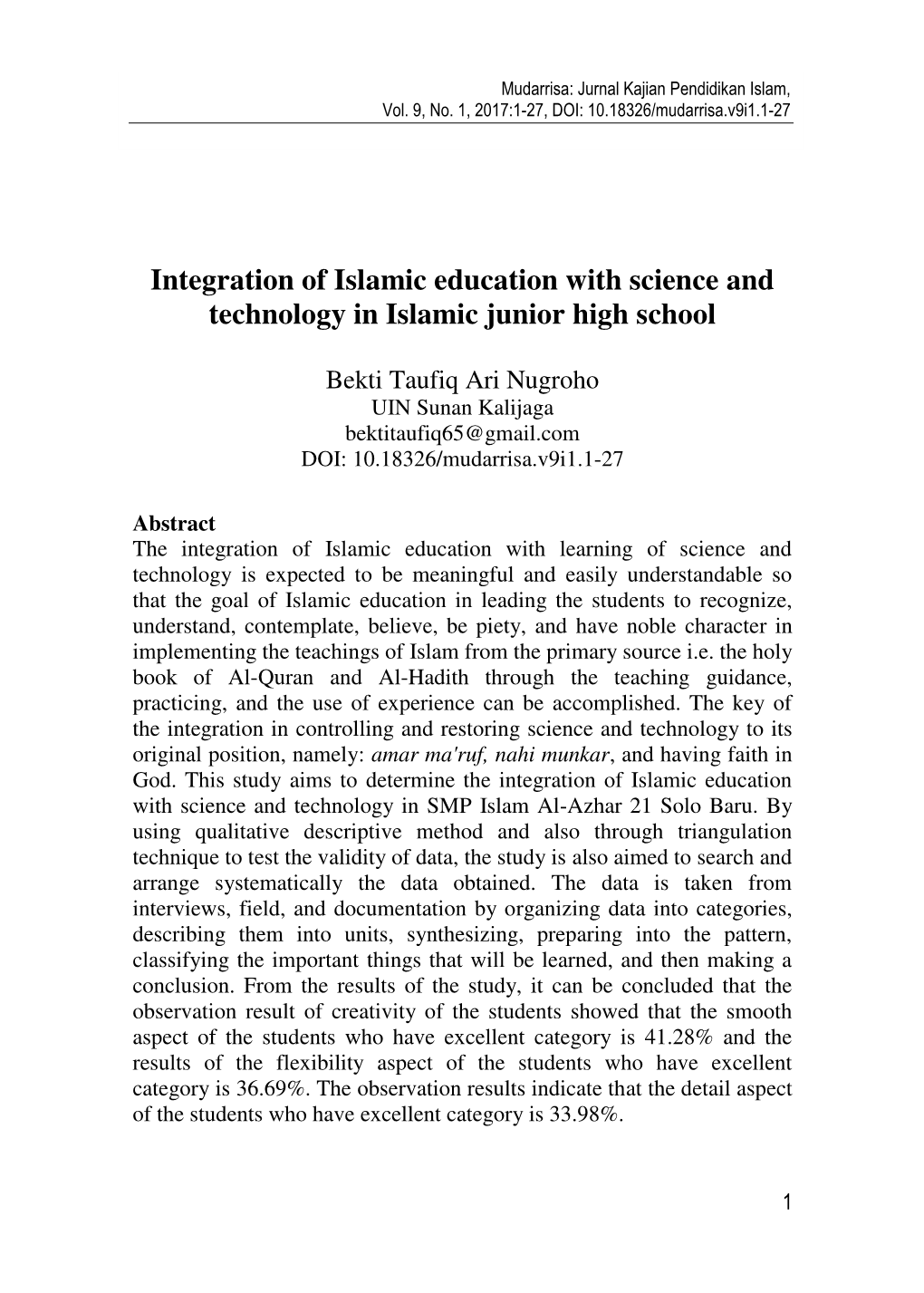 Integration of Islamic Education with Science and Technology in Islamic Junior High School