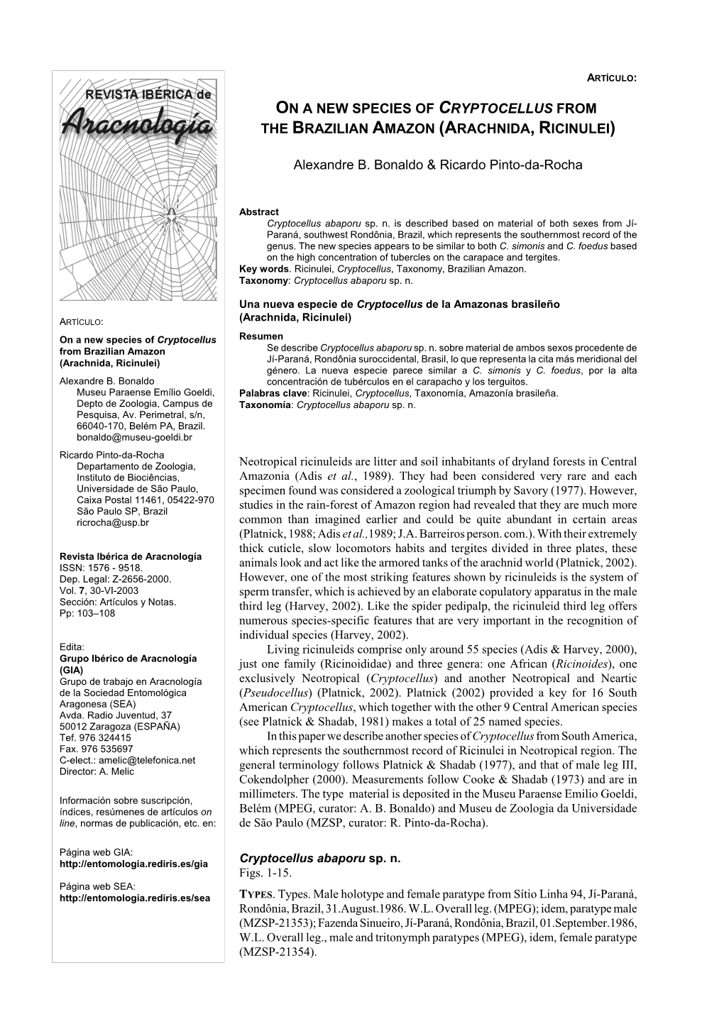 On a New Species of Cryptocellus from the Brazilian Amazon (Arachnida, Ricinulei)