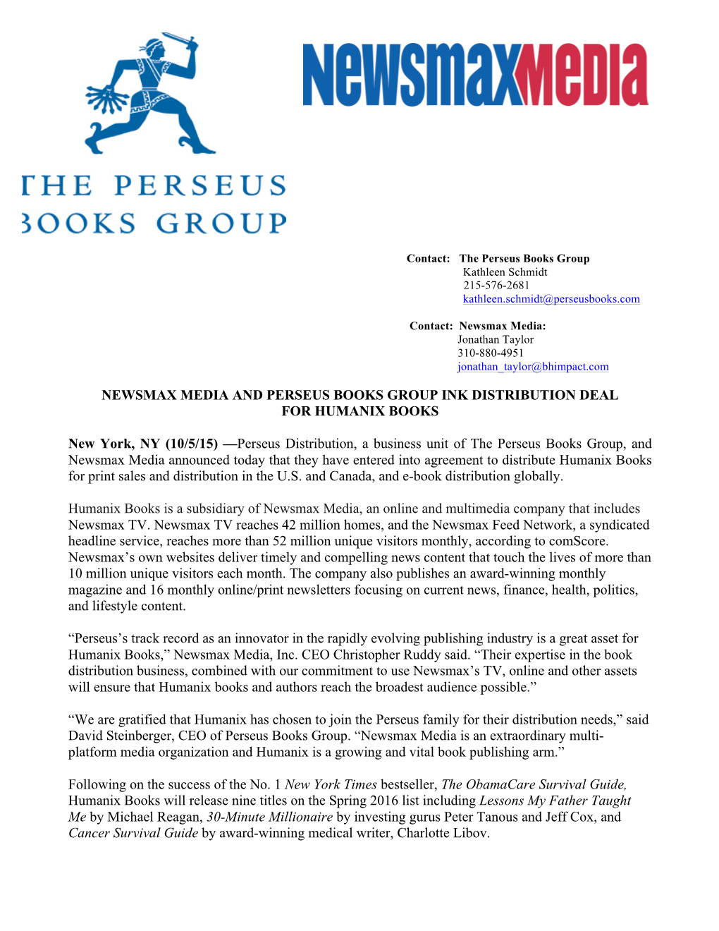 Newsmax Media and Perseus Books Group Ink Distribution Deal for Humanix Books