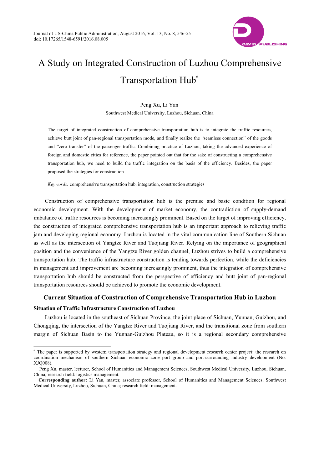 A Study on Integrated Construction of Luzhou Comprehensive Transportation Hub