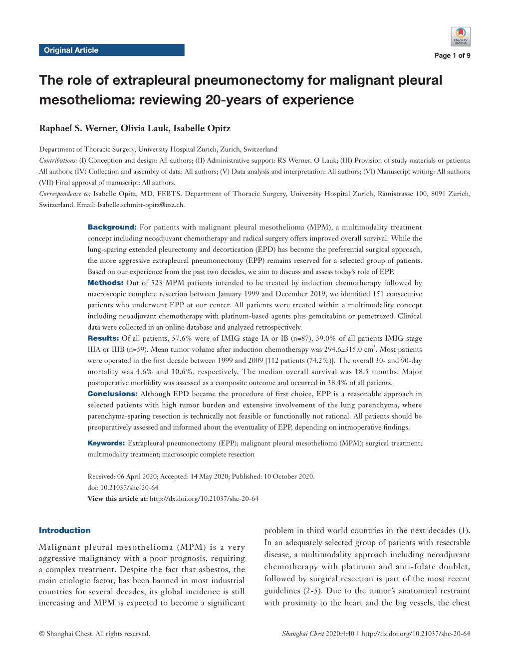 The Role of Extrapleural Pneumonectomy for Malignant Pleural Mesothelioma: Reviewing 20-Years of Experience