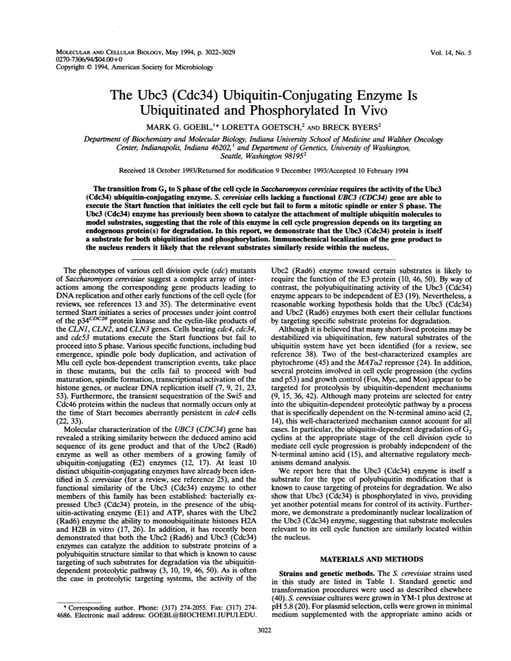 The Ubc3 (Cdc34) Ubiquitin-Conjugating Enzyme Is Ubiquitinated and Phosphorylated in Vivo MARK G