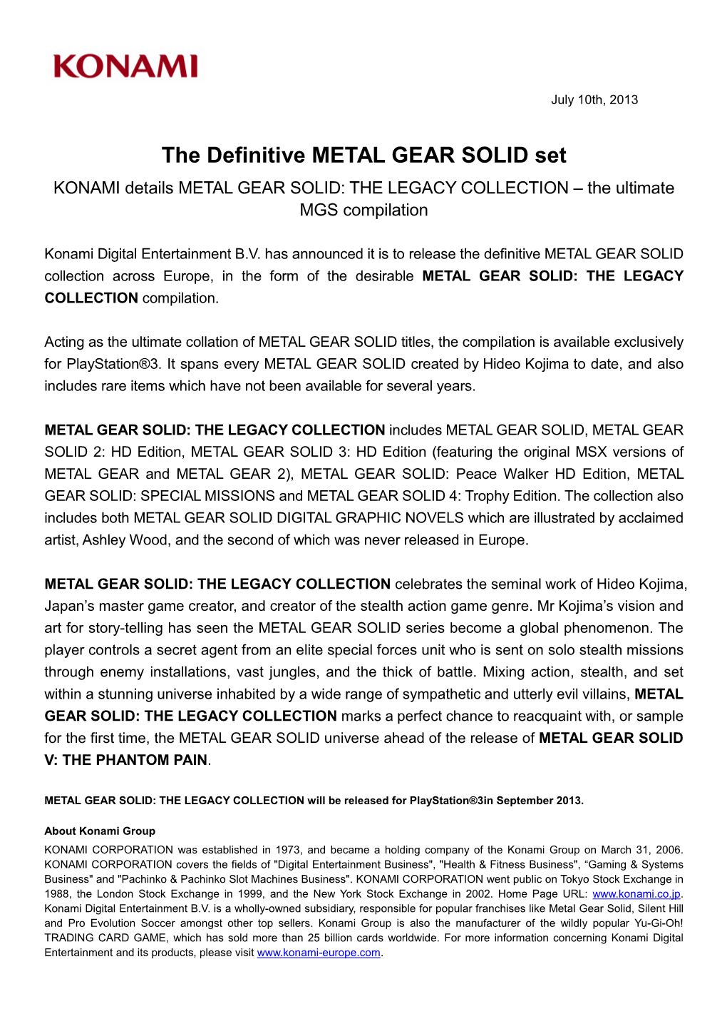 The Definitive METAL GEAR SOLID Set KONAMI Details METAL GEAR SOLID: the LEGACY COLLECTION – the Ultimate MGS Compilation