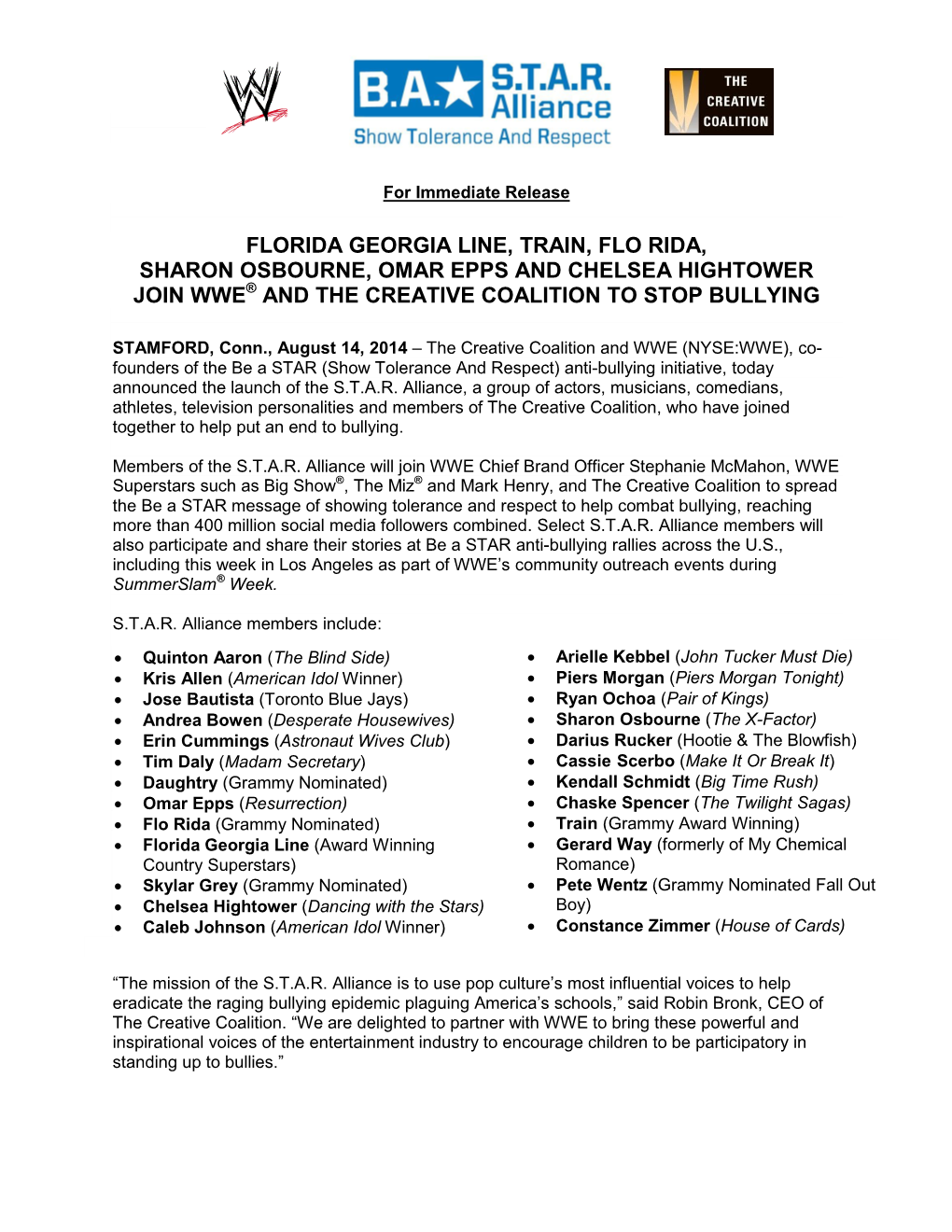 Florida Georgia Line, Train, Flo Rida, Sharon Osbourne, Omar Epps and Chelsea Hightower Join Wwe® and the Creative Coalition to Stop Bullying