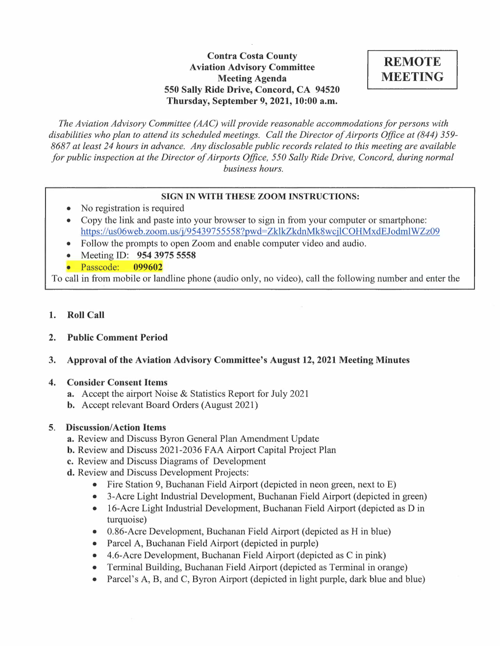 REMOTE Meeting Agenda MEETING 550 Sally Ride Drive, Concord, CA 94520 Thursday, September 9, 2021, 10:00 A.M