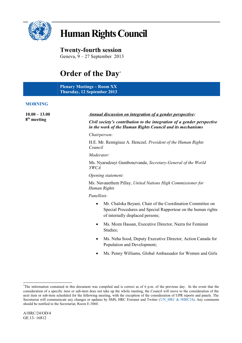 Order of the Day, Thursday 11 September 2013