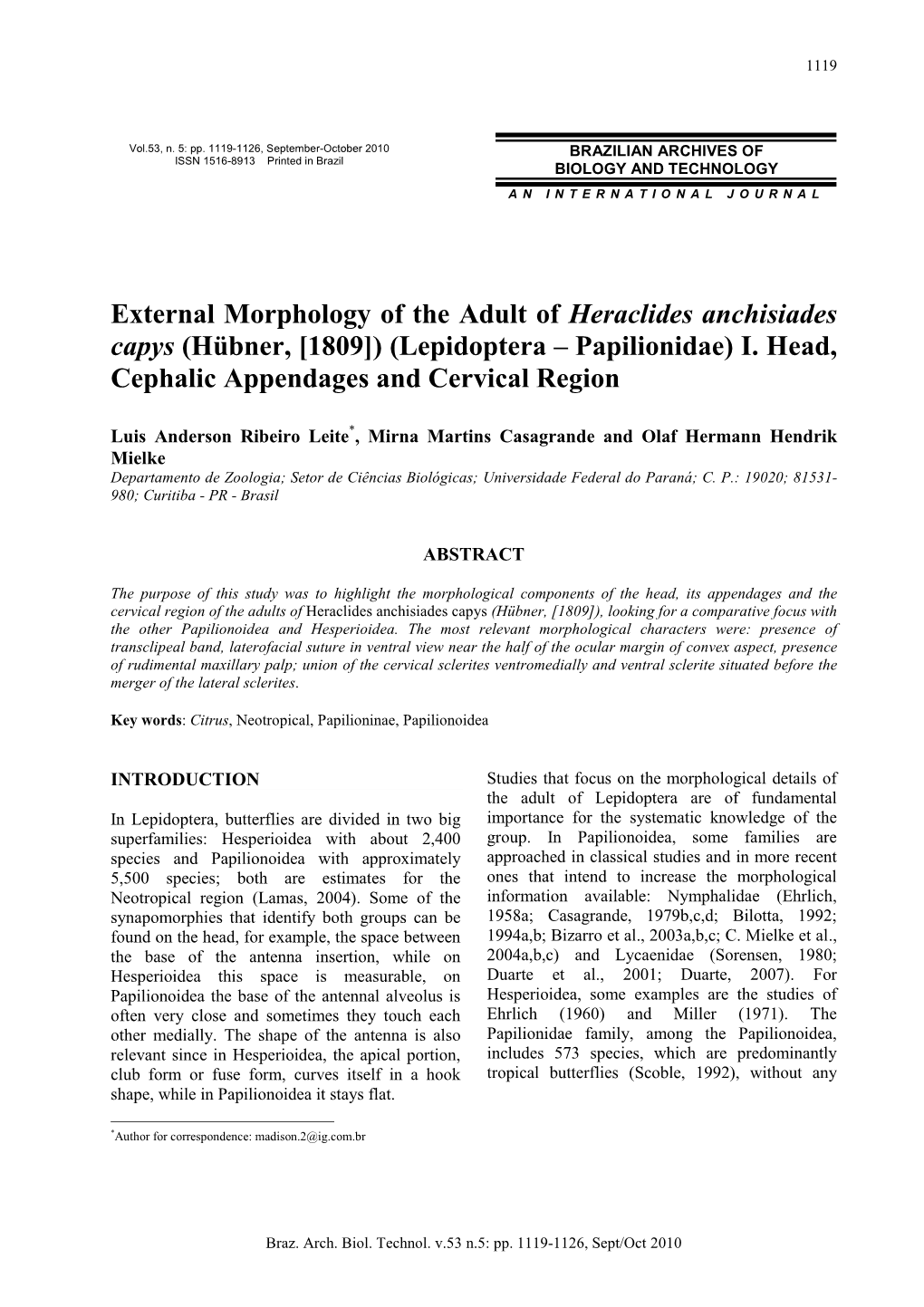 External Morphology of the Adult of Heraclides Anchisiades Capys (Hübner, [1809]) (Lepidoptera – Papilionidae) I