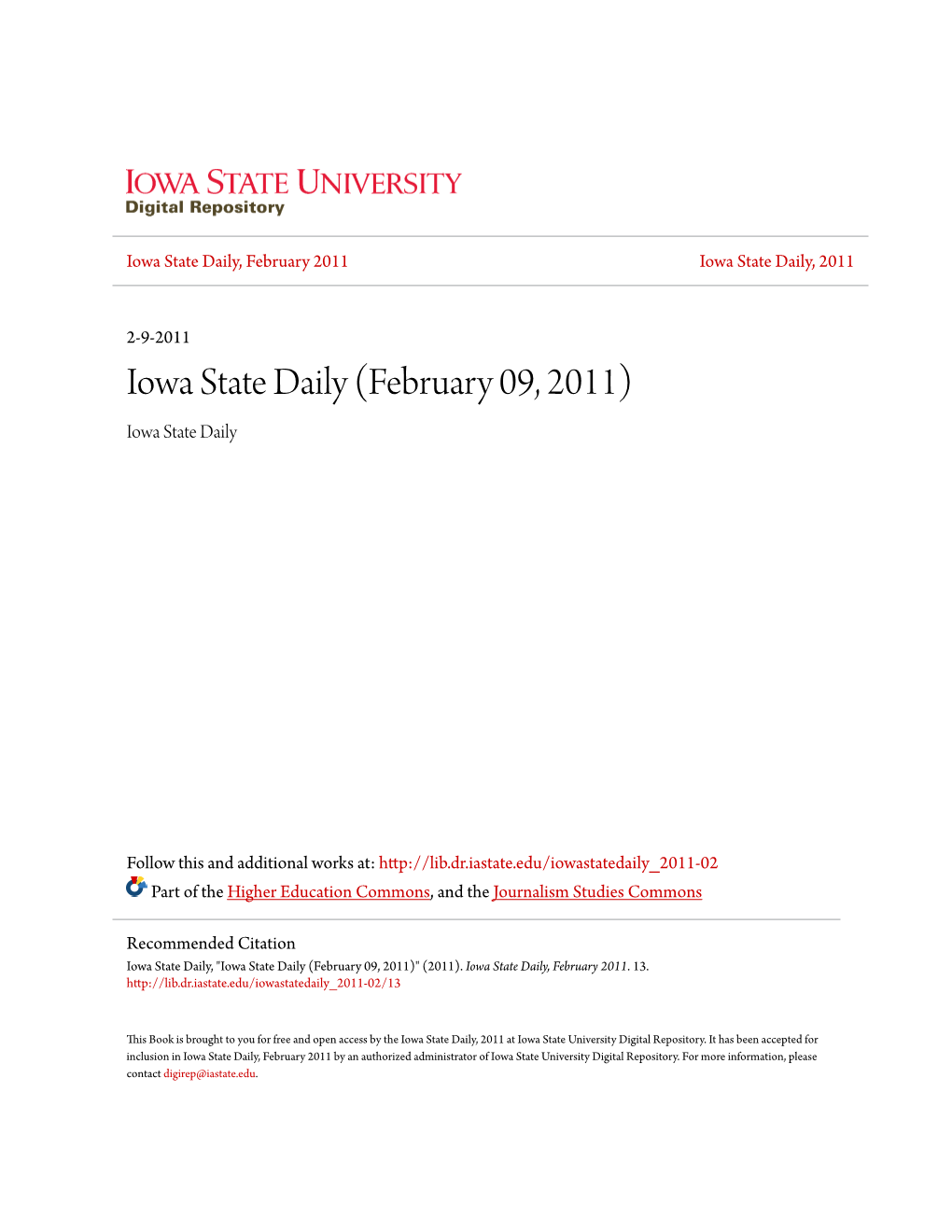 Iowa State Daily, February 2011 Iowa State Daily, 2011