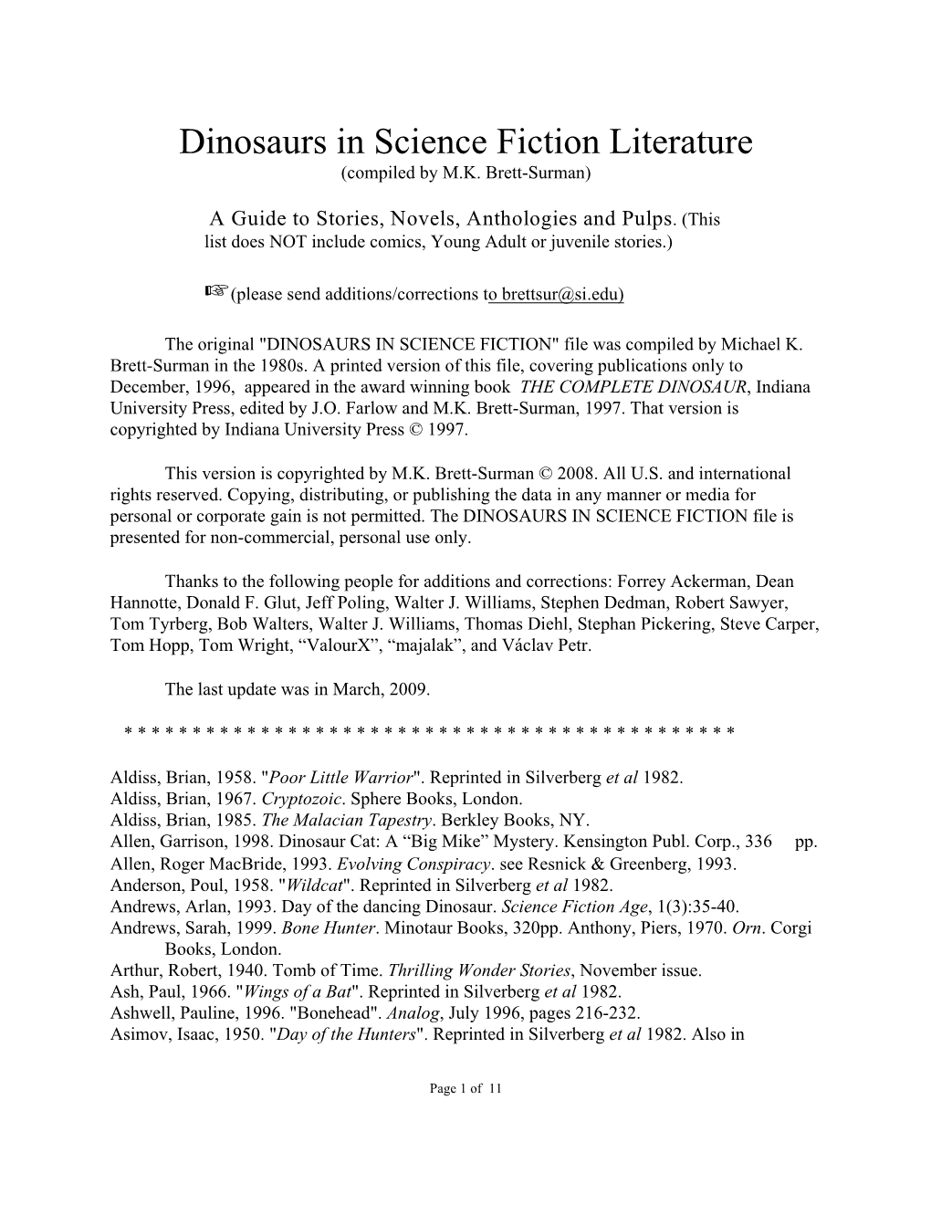 Dinosaurs in Science Fiction Literature (Compiled by M.K