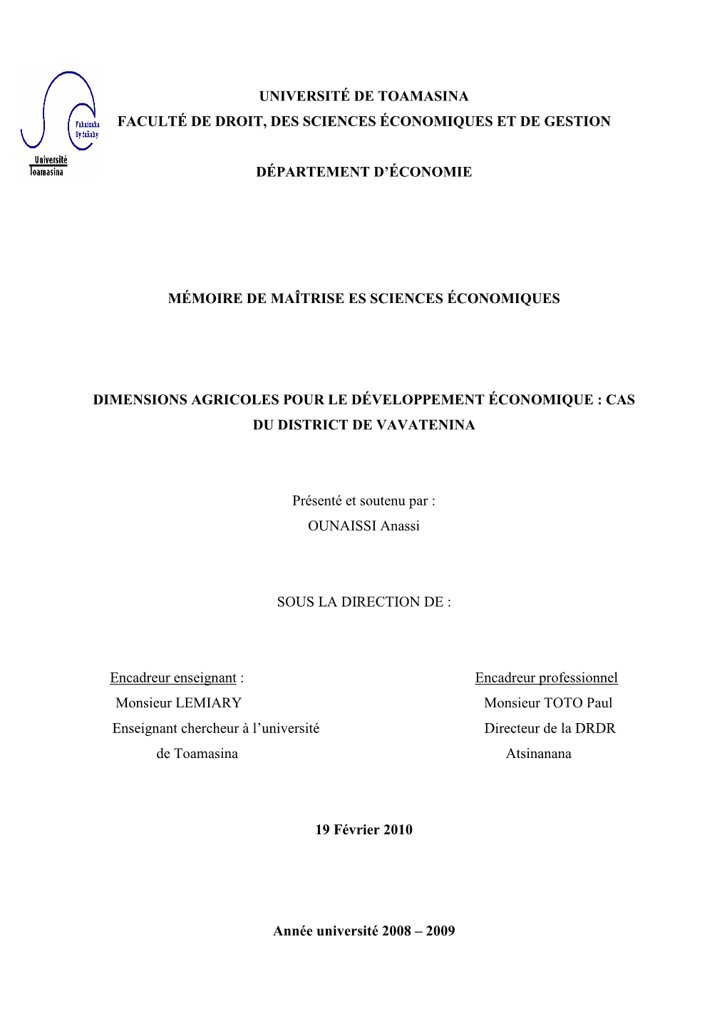 1 Université De Toamasina Faculté De Droit, Des