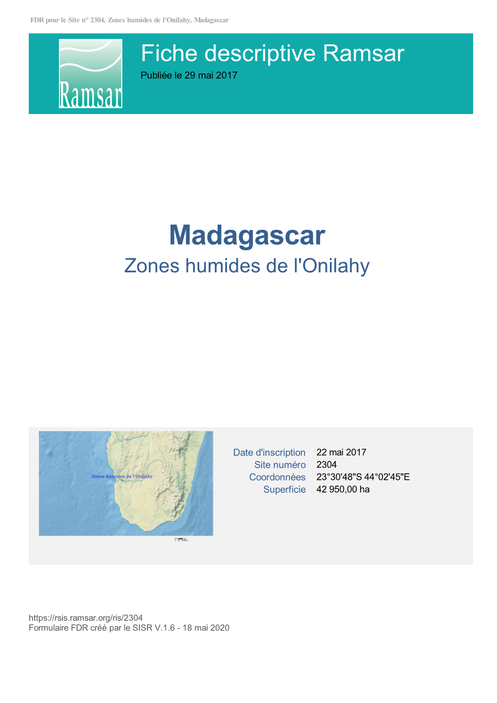 Madagascar Fiche Descriptive Ramsar Publiée Le 29 Mai 2017