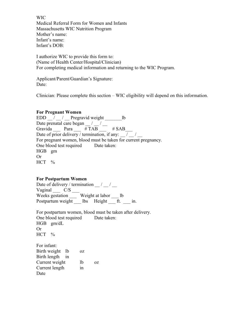 Medical Referral Form for Women and Infants