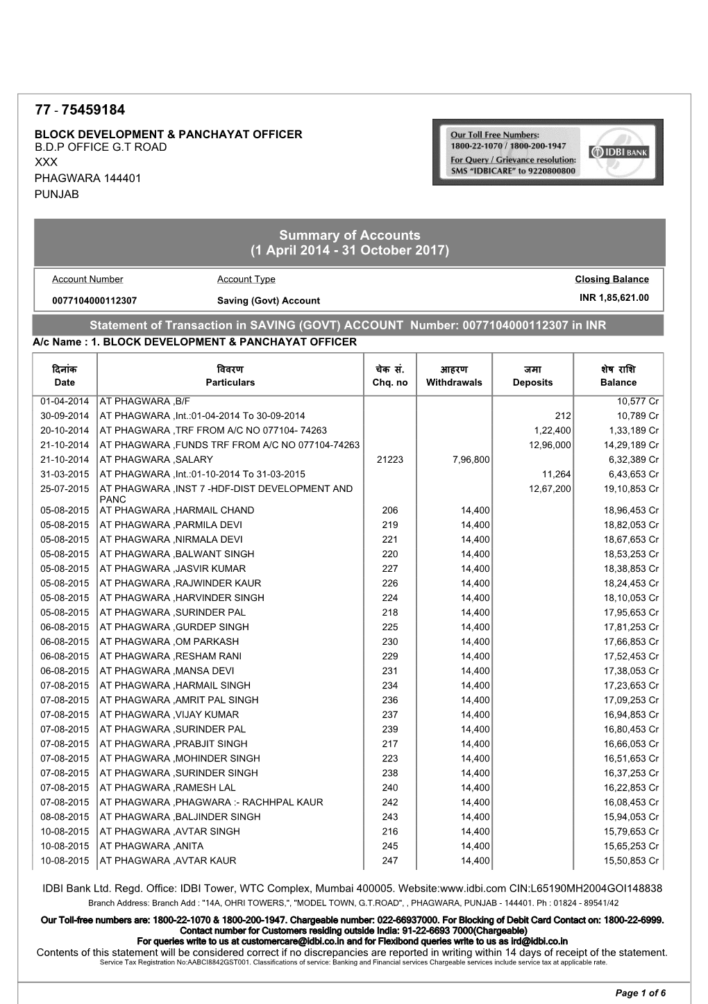 Summary of Accounts (1 April 2014 - 31 October 2017)