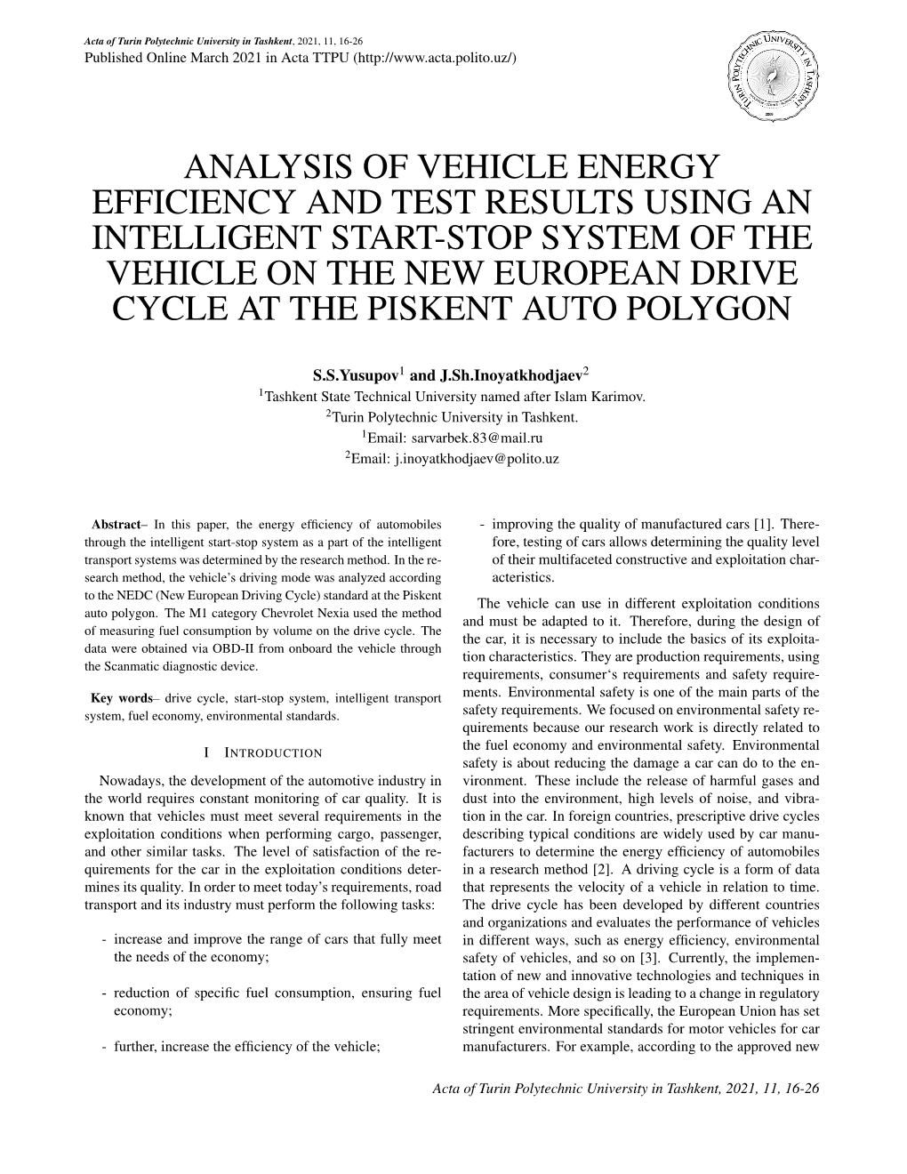 Analysis of Vehicle Energy Efficiency and Test Results