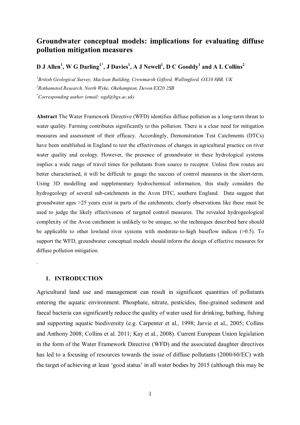 Implications of Groundwater Conceptual Models for the Evaluation of the Effects of Diffuse Pollution Mitigation Measures