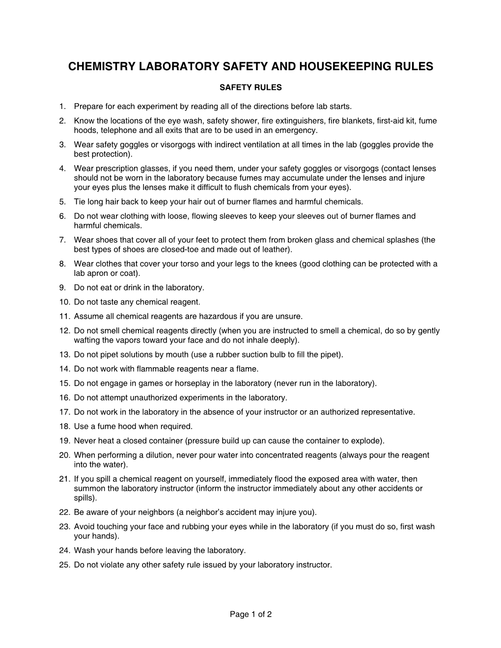 Chemistry Laboratory Safety and Housekeeping Rules