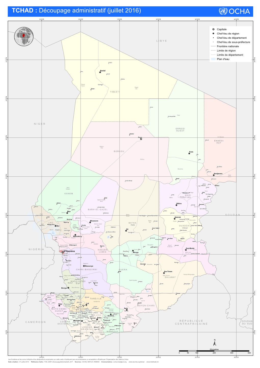 TCHAD : Découpage Administratif (Juillet 2016)