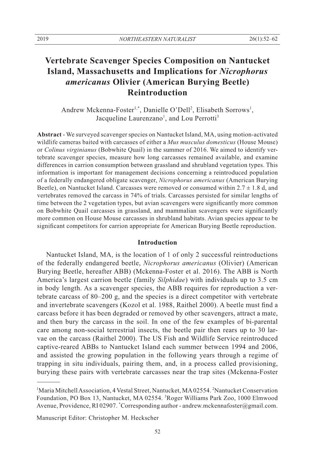 Vertebrate Scavenger Species Composition on Nantucket Island