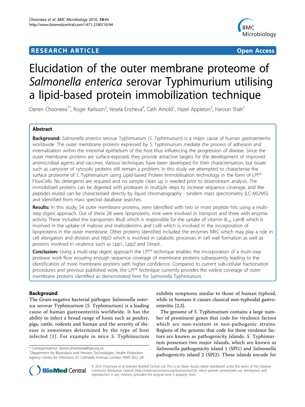 Elucidation of the Outer Membrane Proteome of Salmonella Enterica