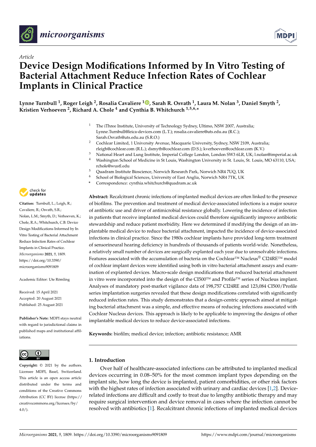Device Design Modifications Informed by in Vitro Testing of Bacterial Attachment Reduce Infection Rates of Cochlear Implants In