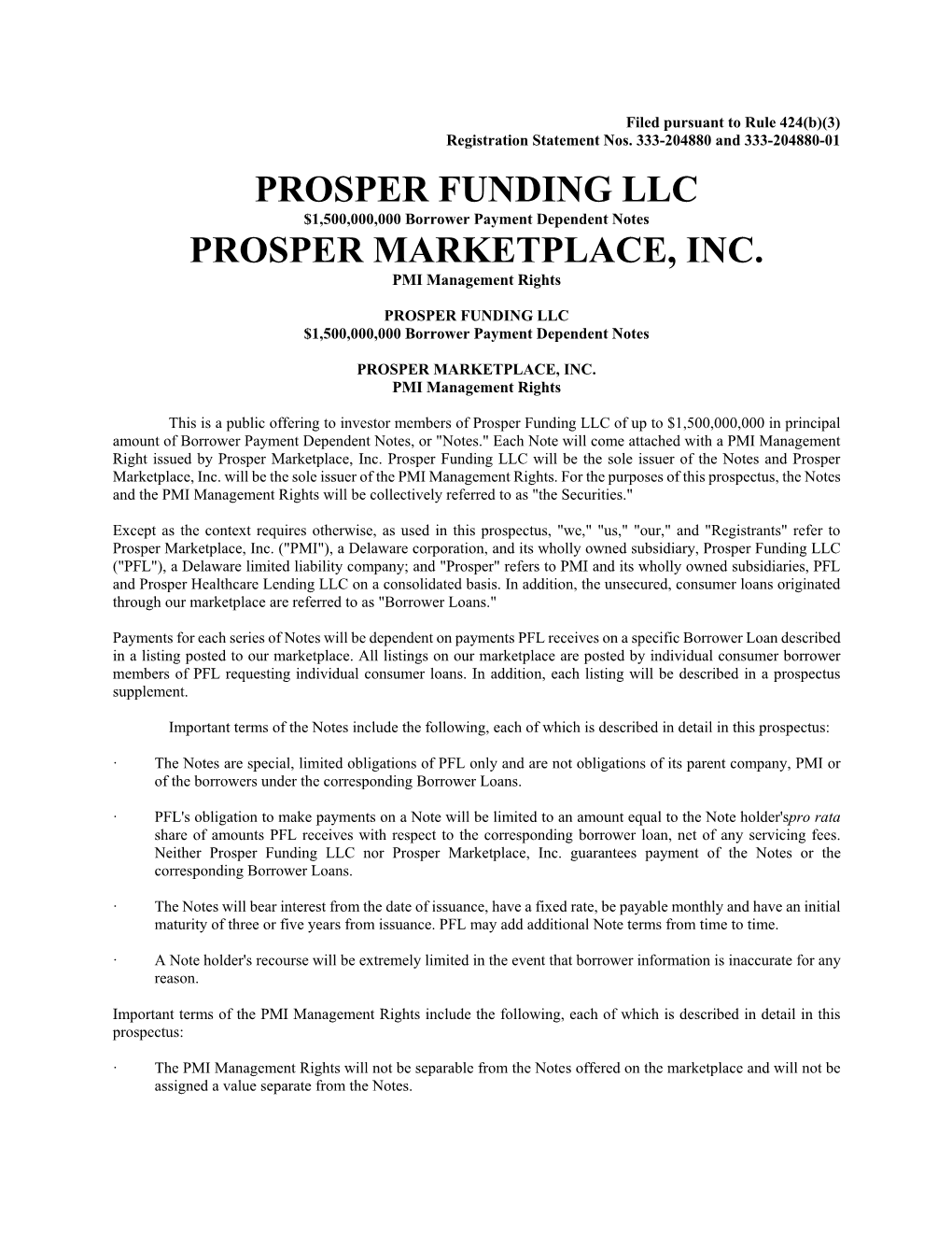 Prosper Funding Llc Prosper Marketplace, Inc