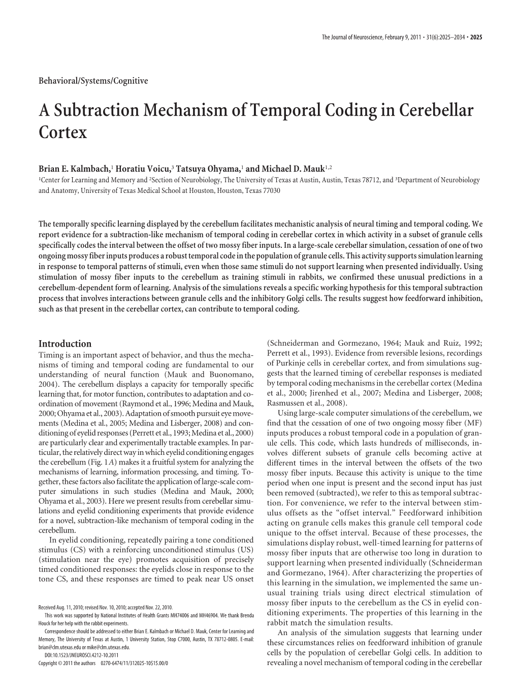 A Subtraction Mechanism of Temporal Coding in Cerebellar Cortex