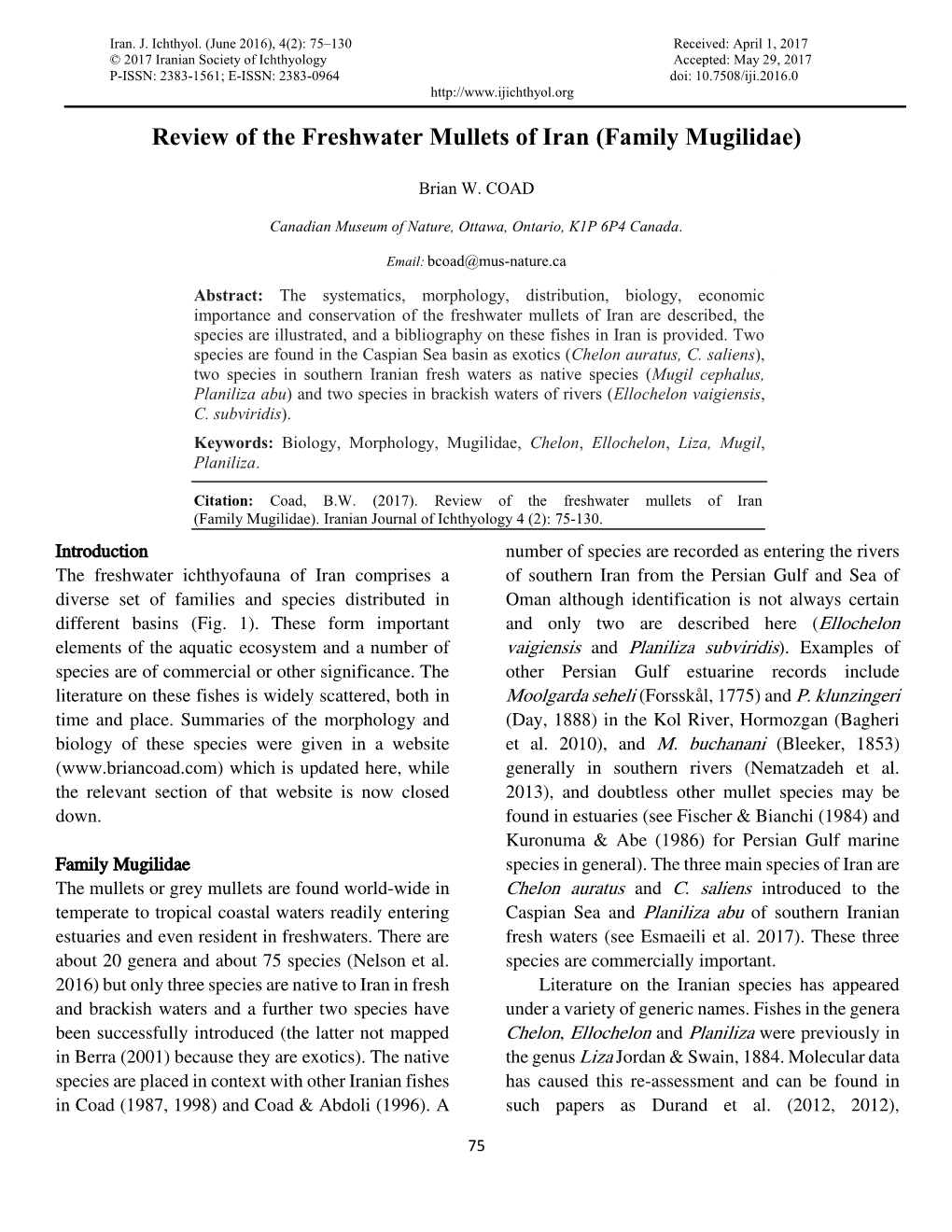 Review of the Freshwater Mullets of Iran (Family Mugilidae)