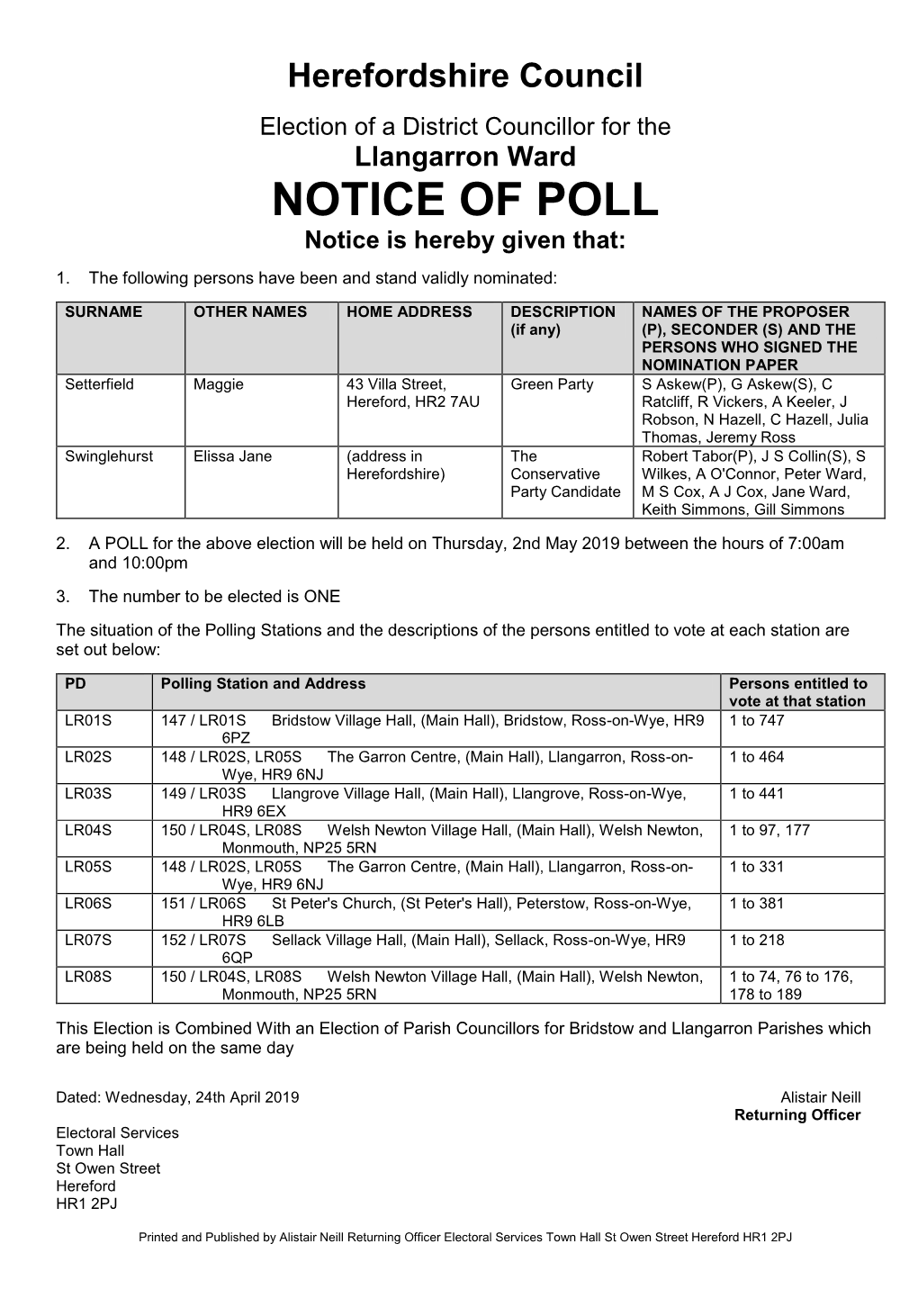 Notice of Poll Llangarron Ward