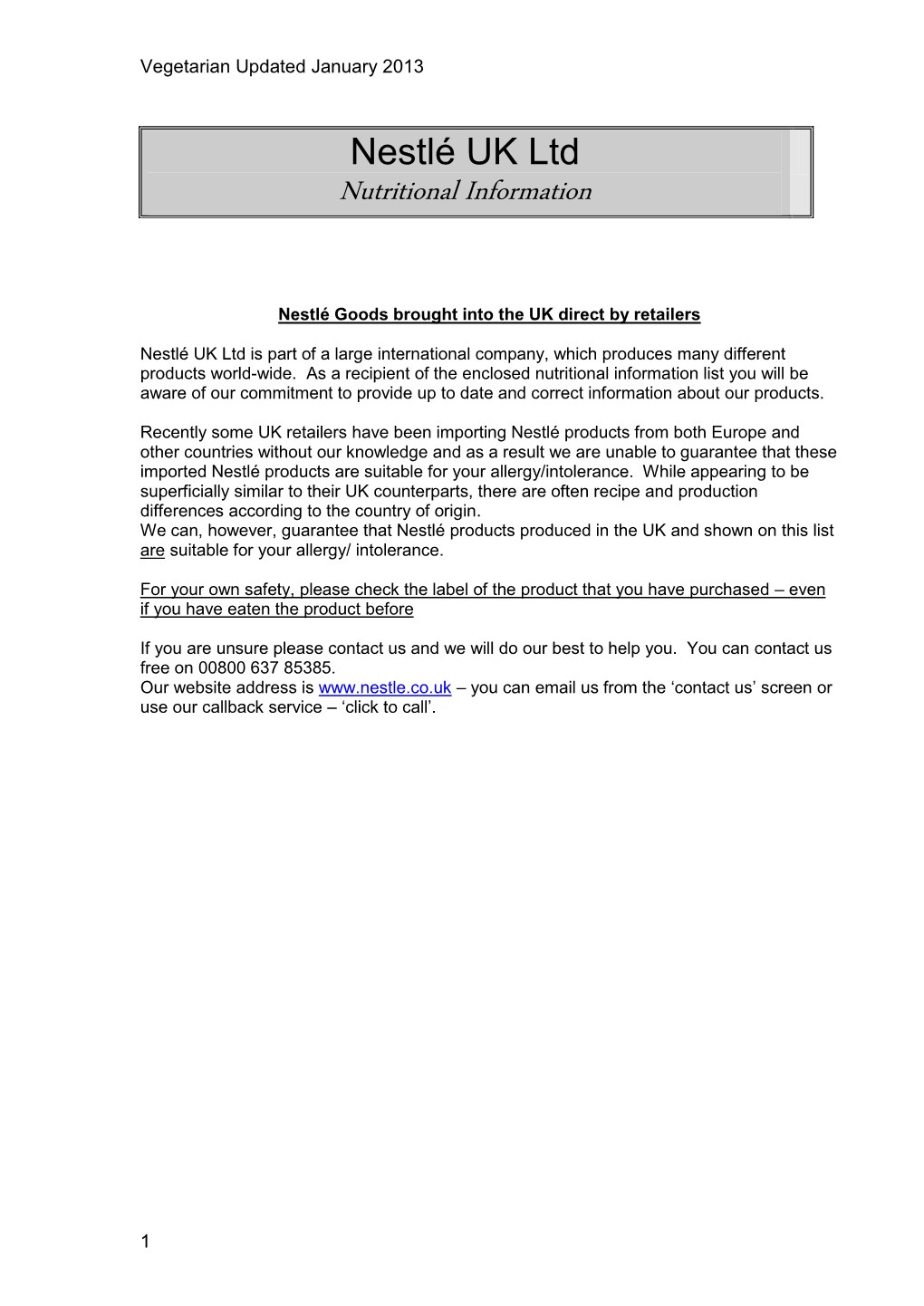 Nestlé UK Ltd Nutritional Information