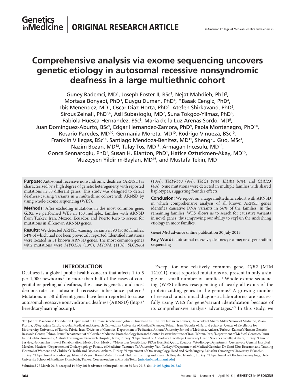 Comprehensive Analysis Via Exome Sequencing Uncovers Genetic Etiology in Autosomal Recessive Nonsyndromic Deafness in a Large Multiethnic Cohort