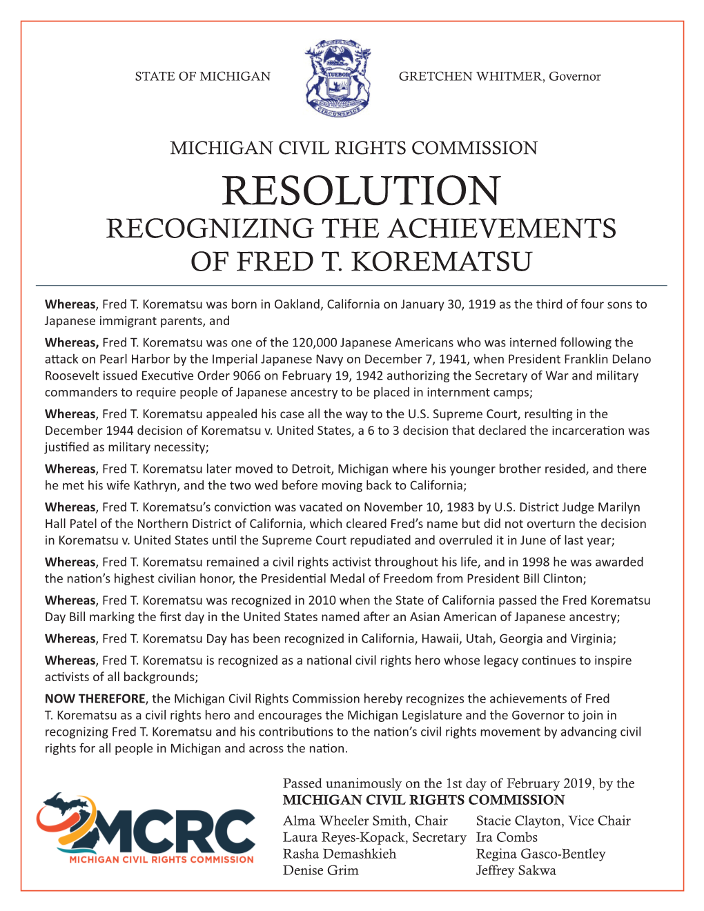 Resolution Recognizing the Achievements of Fred T. Korematsu