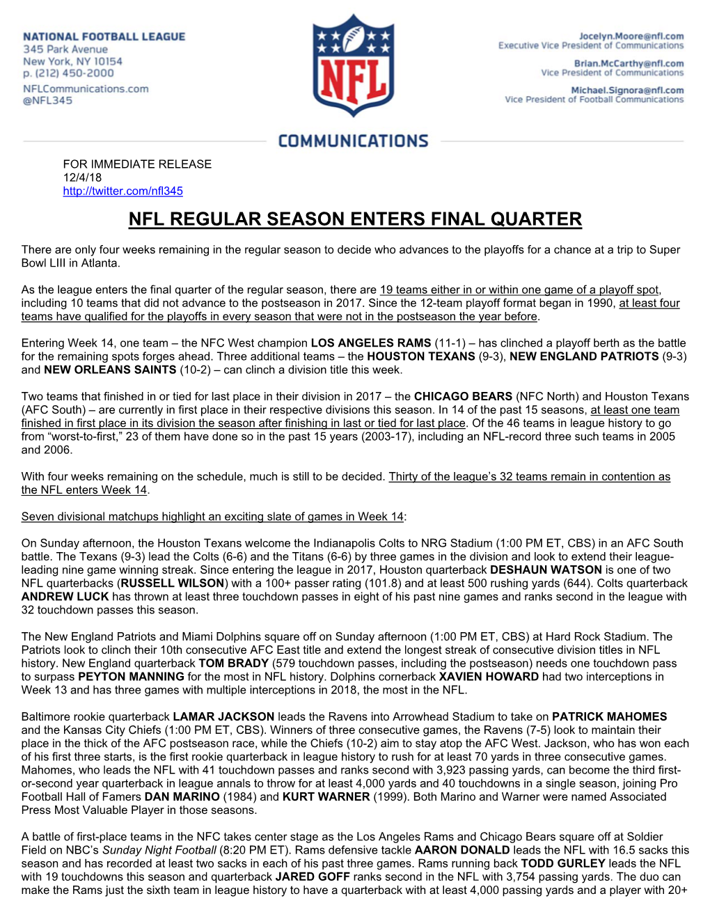 Nfl Regular Season Enters Final Quarter