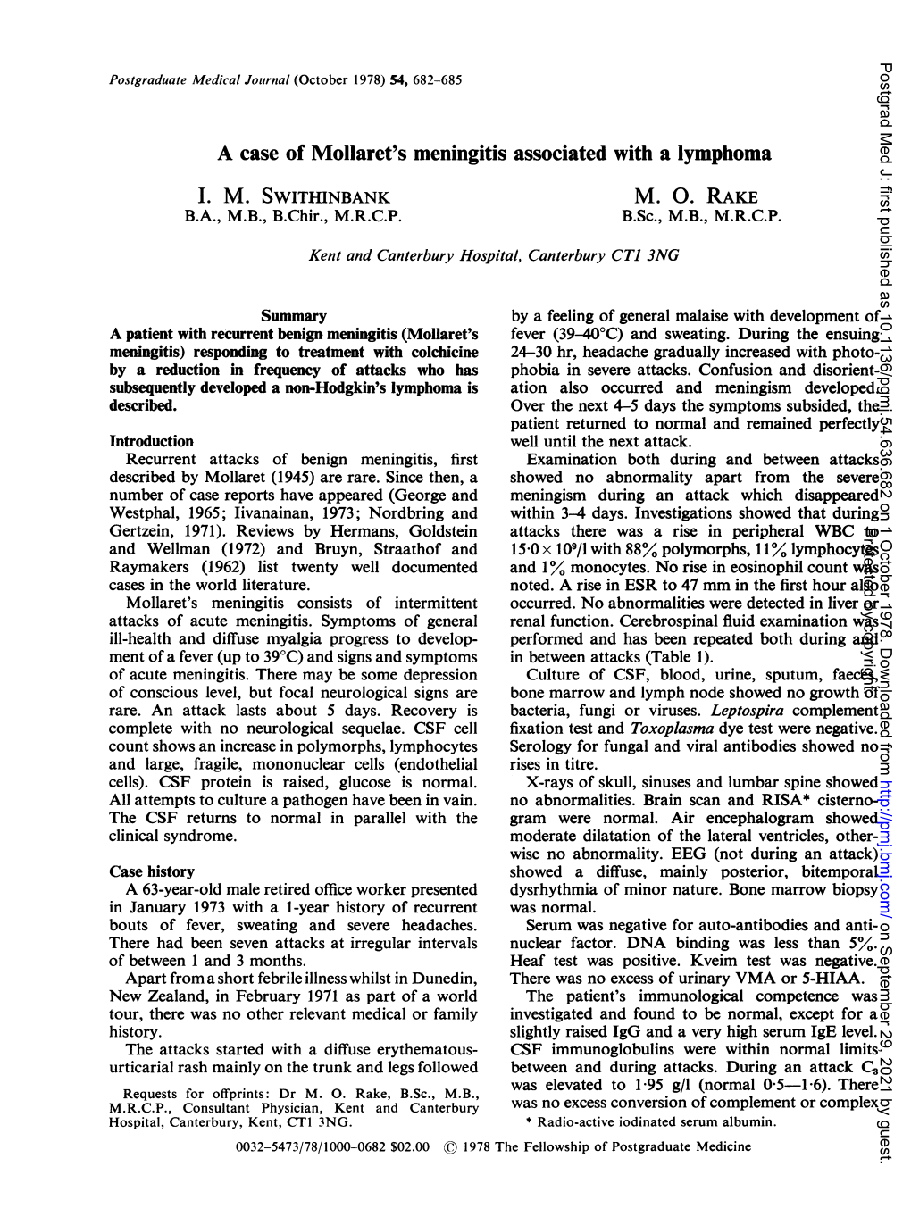 A Case of Mollaret's Meningitis Associated with a Lymphoma I. M. SWITHINBANK M