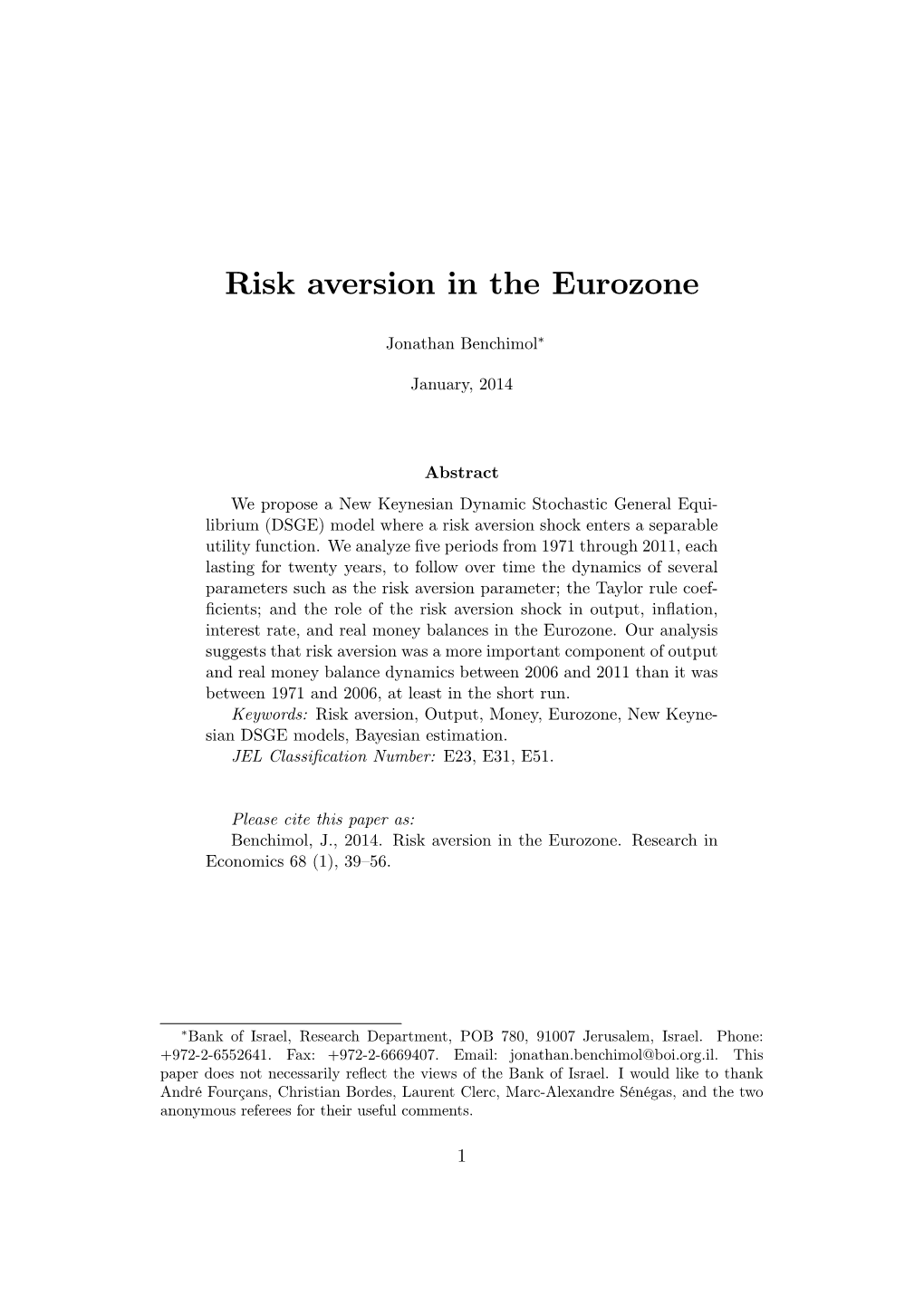 Risk Aversion in the Eurozone