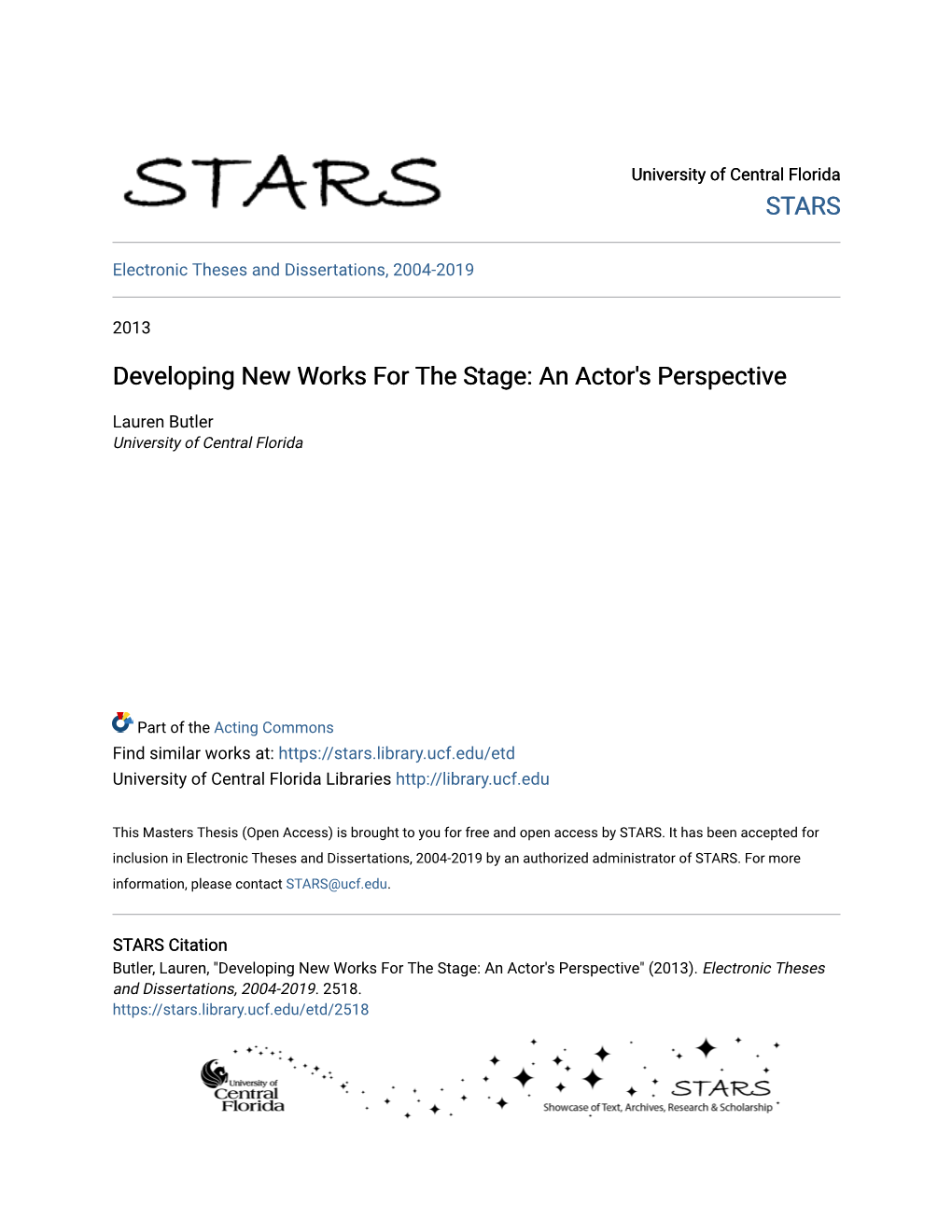 Developing New Works for the Stage: an Actor's Perspective