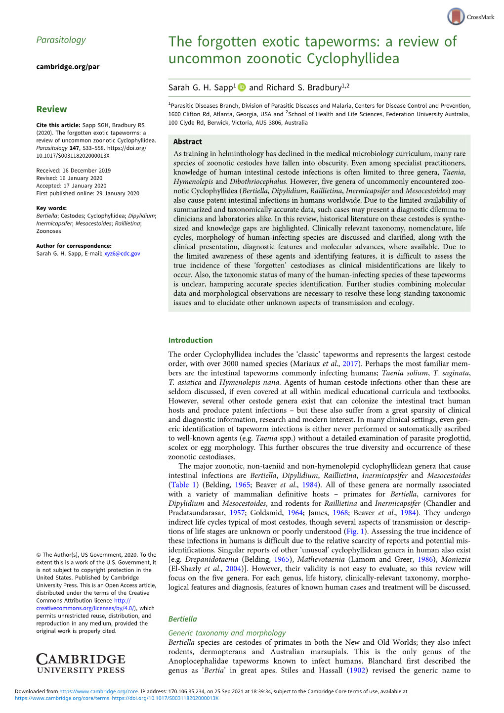 The Forgotten Exotic Tapeworms: a Review of Uncommon Zoonotic Cyclophyllidea Cambridge.Org/Par