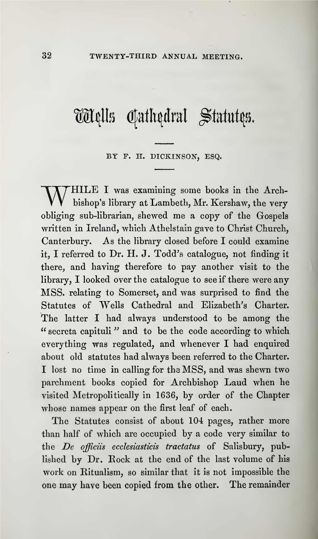 Dickinson, F H, Wells Cathedral Statutes, Vol 17