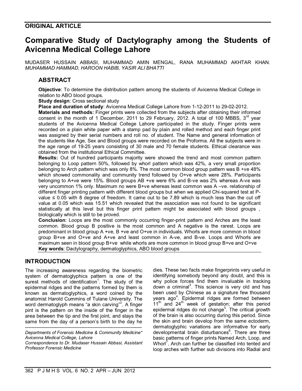 Comparative Study of Dactylography Among the Students of Avicenna Medical College Lahore