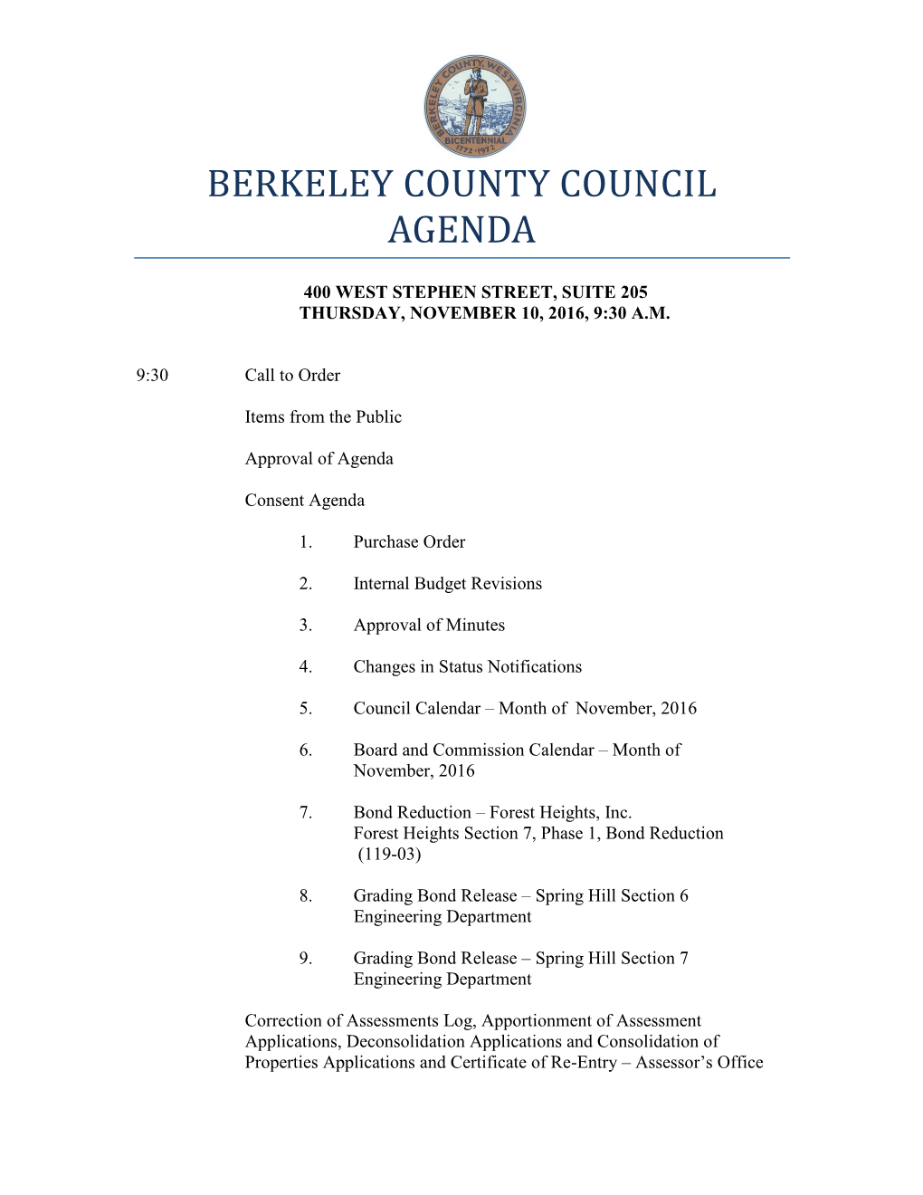 Berkeley County Council Agenda