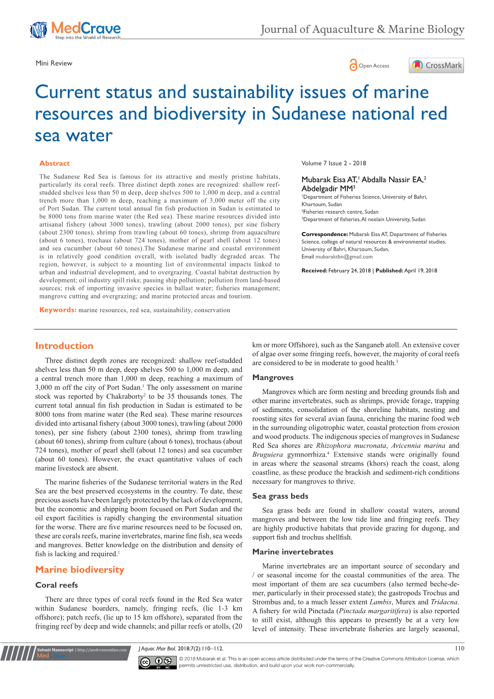 Current Status and Sustainability Issues of Marine Resources and Biodiversity in Sudanese National Red Sea Water
