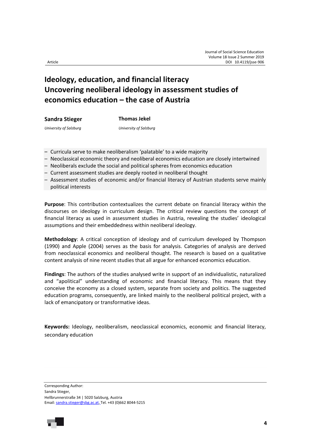 Ideology, Education, and Financial Literacy Uncovering Neoliberal Ideology in Assessment Studies of Economics Education – the Case of Austria