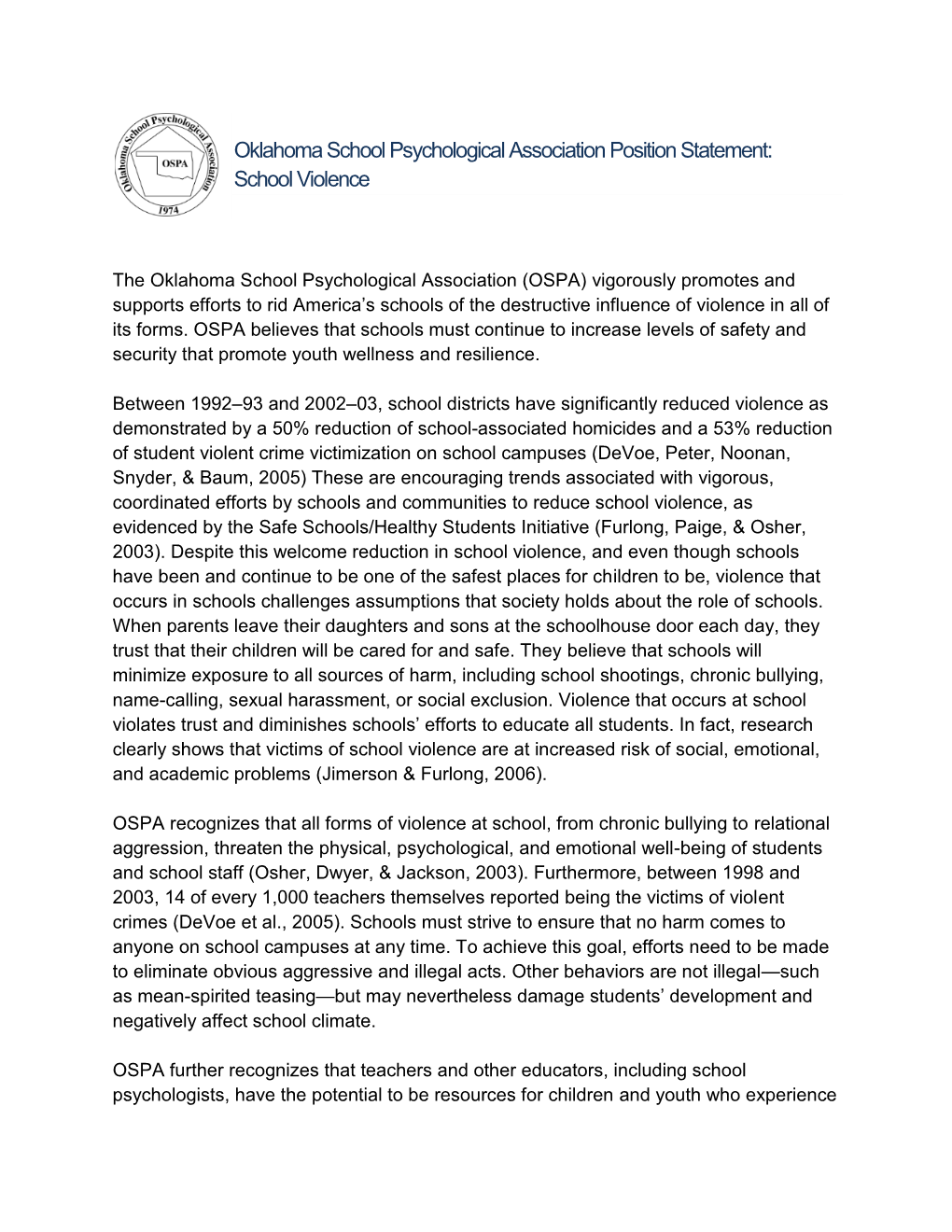 Oklahoma School Psychological Association Position Statement: School Violence