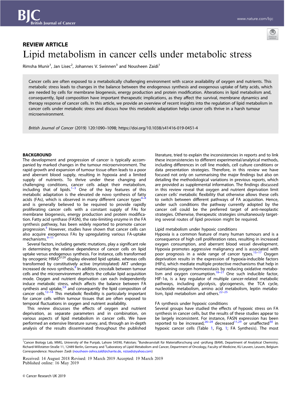 Lipid Metabolism in Cancer Cells Under Metabolic Stress