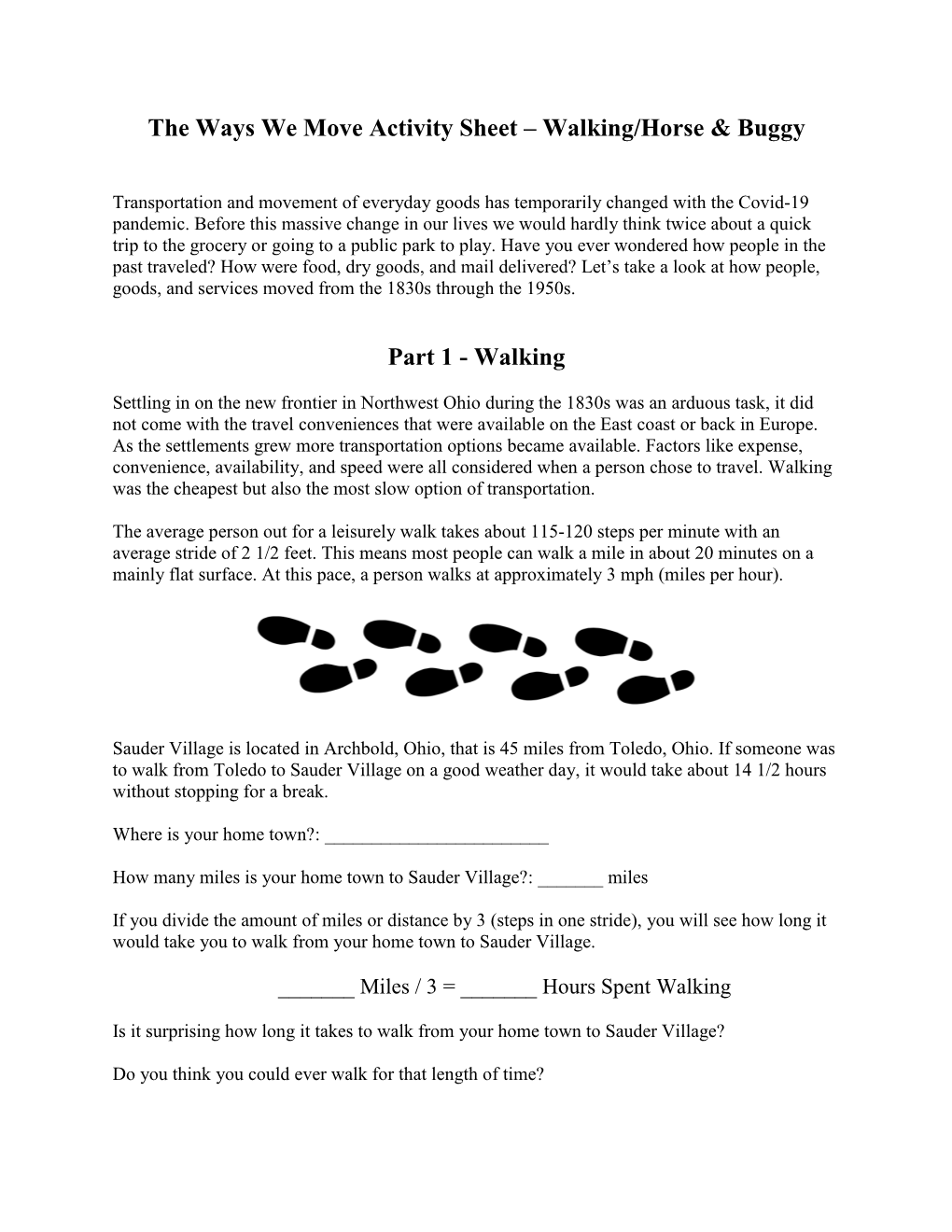 Activity Sheet – Walking/Horse & Buggy