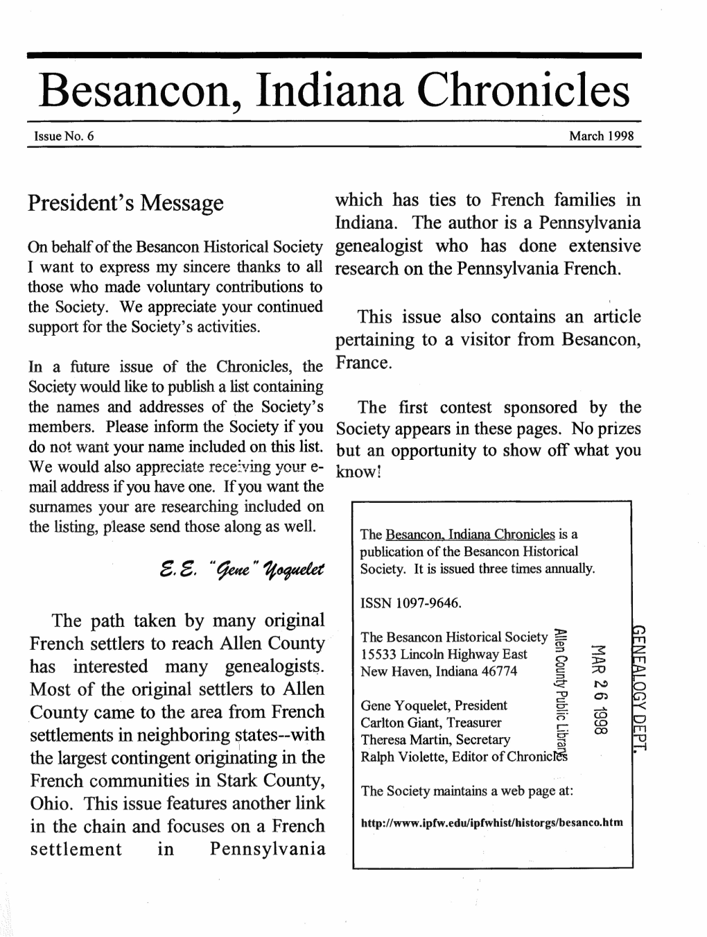 Besancon Historical Society Genealogist Who Has Done Extensive I Want to Express My Sincere Thanks to All Research on the Pennsylvania French