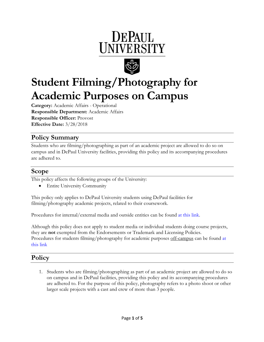 Student Filming/Photography for Academic Purposes on Campus