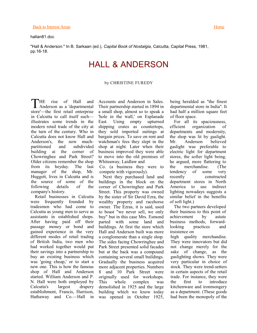 Hall & Anderson. in B. Sarkaan (Ed.), Capital Book of Nostalgia, Calcutta, Capital Press