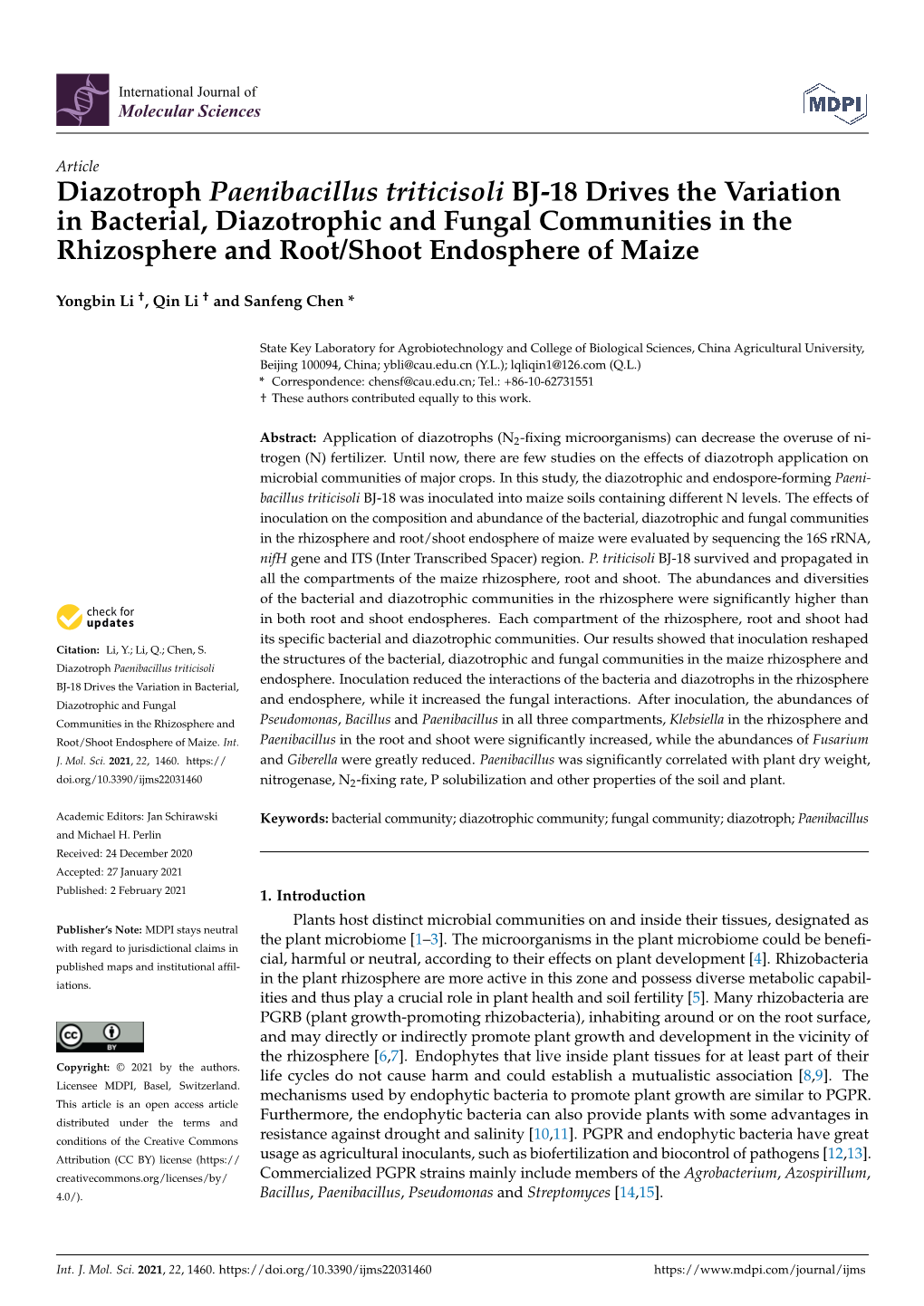 Diazotroph Paenibacillus Triticisoli BJ-18 Drives the Variation in Bacterial, Diazotrophic and Fungal Communities in the Rhizosp