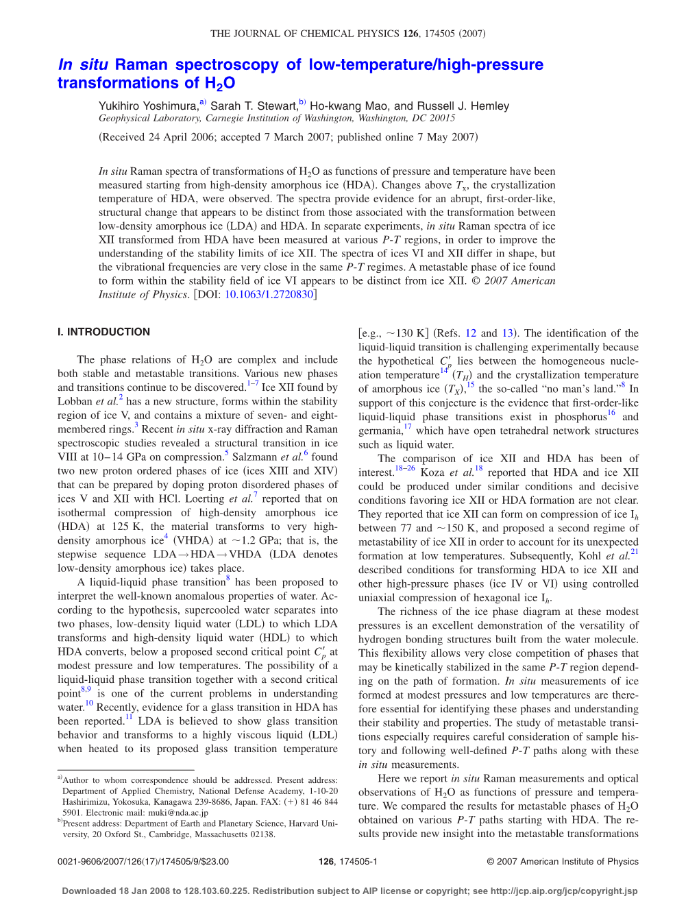 In Situ Raman Spectroscopy of Low-Temperature/High-Pressure Transformations of H2O ͒ ͒ Yukihiro Yoshimura,A Sarah T